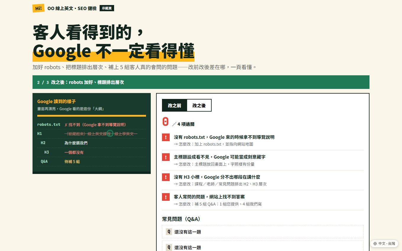 OO 線上英文 網站 SEO 健檢示範