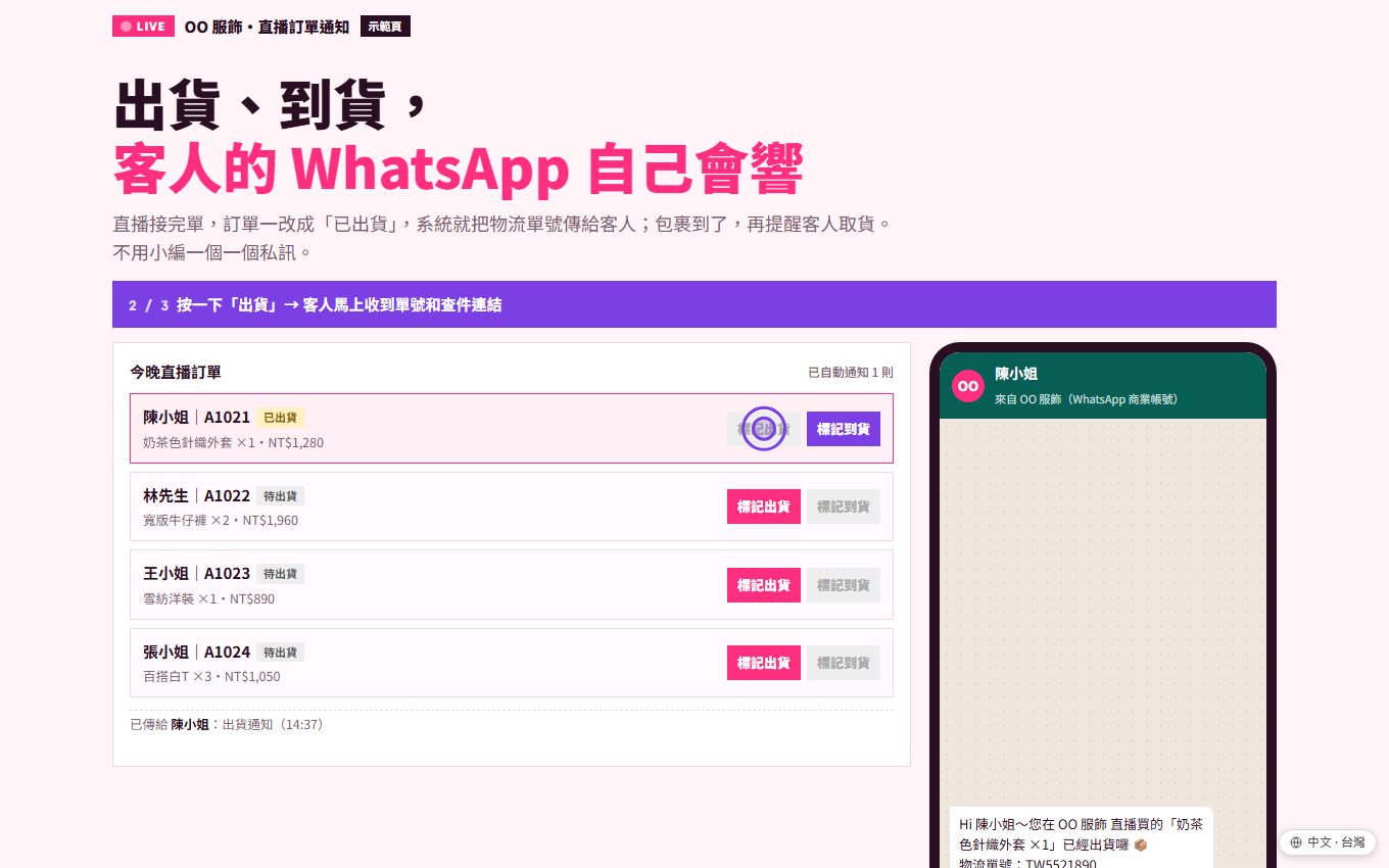 直播服飾 WhatsApp 出貨到貨自動通知示範